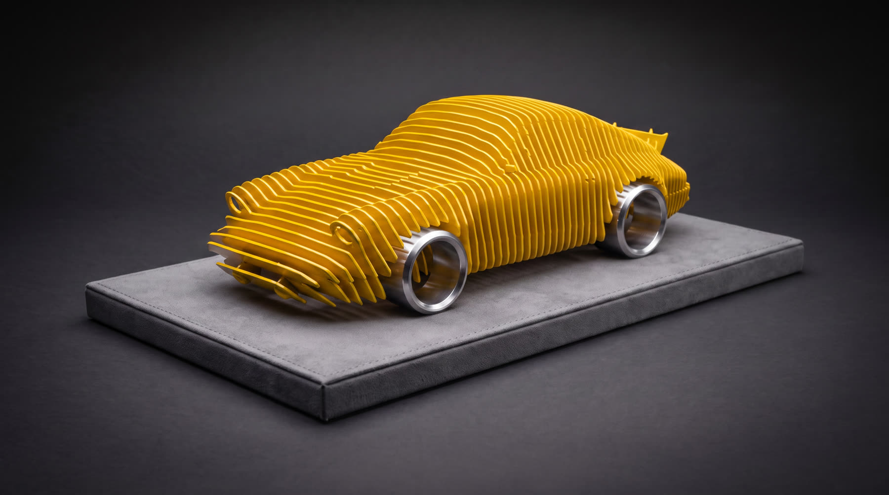 Escultura DeRossi do 911 Carrera RS em amarelo, três quartos, base de microssuede cinza em fundo escuro