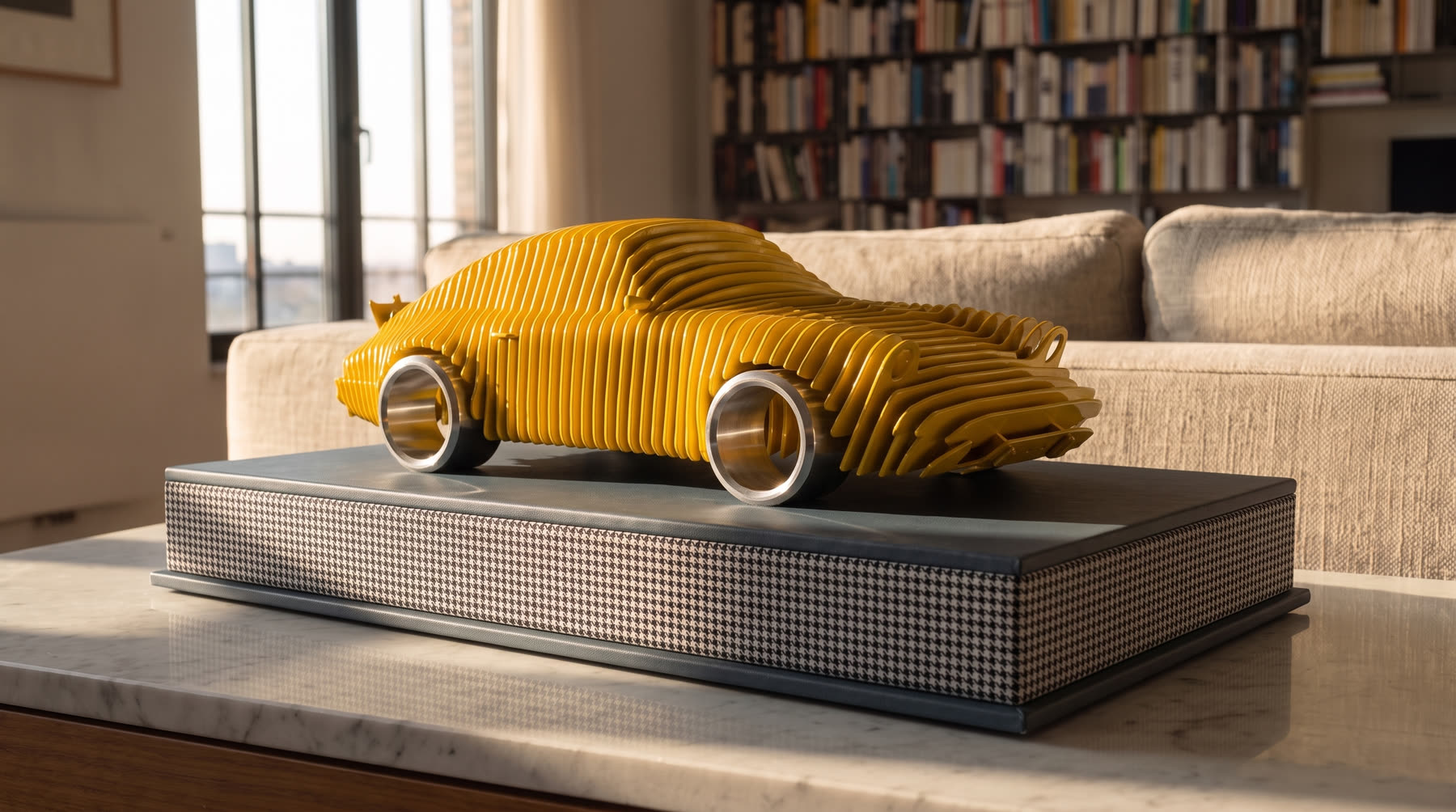 O 911 Carrera RS em amarelo, sobre mesa de mármore, na sala